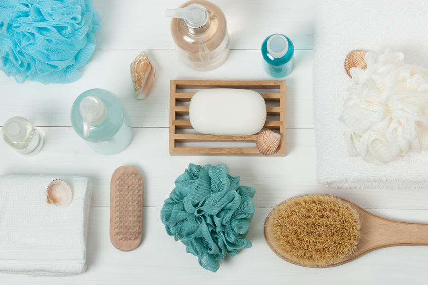 Spa Kit. Shampoo, Soap Bar And Liquid. Shower Gel, Aromatherapy Salt. Top View