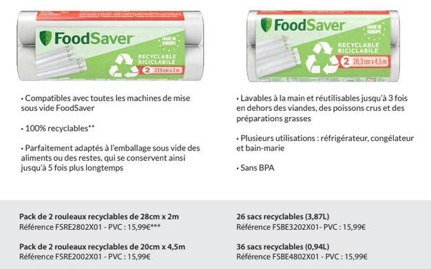 FOODSAVER Pack de 2 rouleaux de mise sous vide recyclables (20cm x 4,5m)  FSRE2002X01